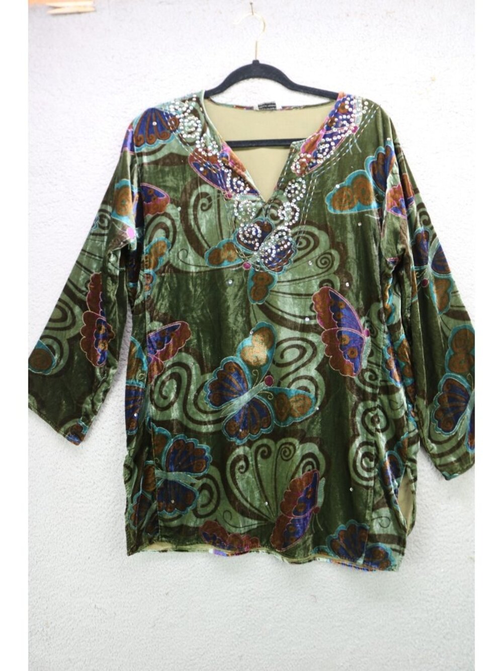 Vtg. Bella Terra Olive Velvet Beaded Tunic-XL-Butterflies-Whimsigoth-Boho